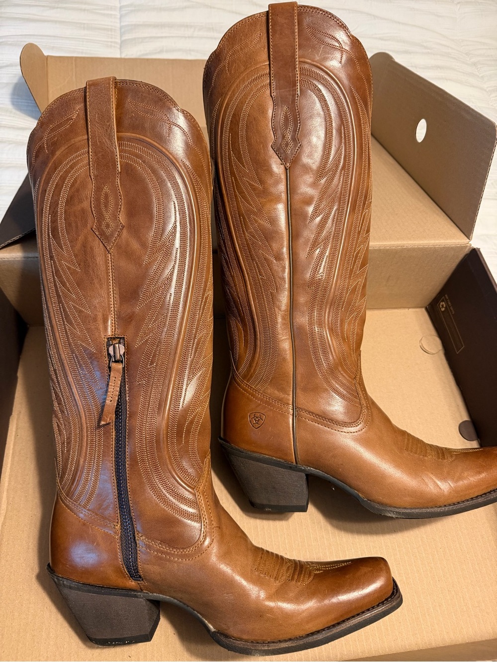 Ariat Cognac Brown Leather Western Zip-Detail Knee Boots
